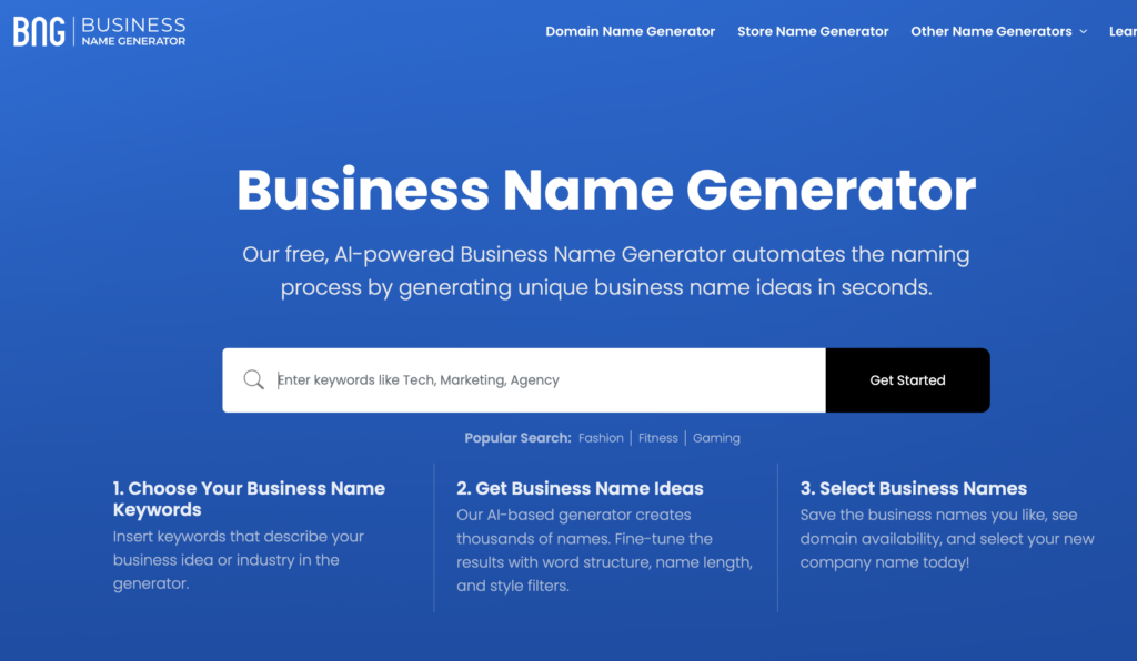 business name generator interface